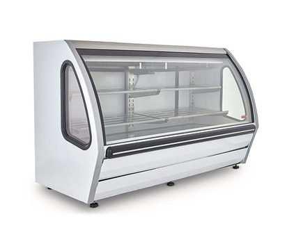 VITRINA EXHIBIDORA DE VIDRIO CURVO 182CM FRENTE EXTERIOR BL